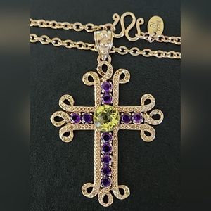 NICKY BUTLER Designer Amethyst Lemon Quartz Large Bronze Cross Pendant Necklace